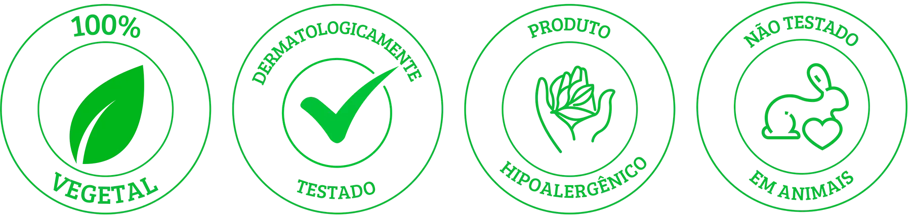 Selos todos Produto natural vegano com fórmula hipoalergênica, testado dermatologicamente e cruelty-free